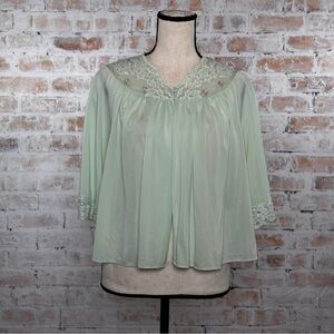 Vintage Pastel Rose Embroidered Button Down Drape Front Babydoll Lace Pajama Top
